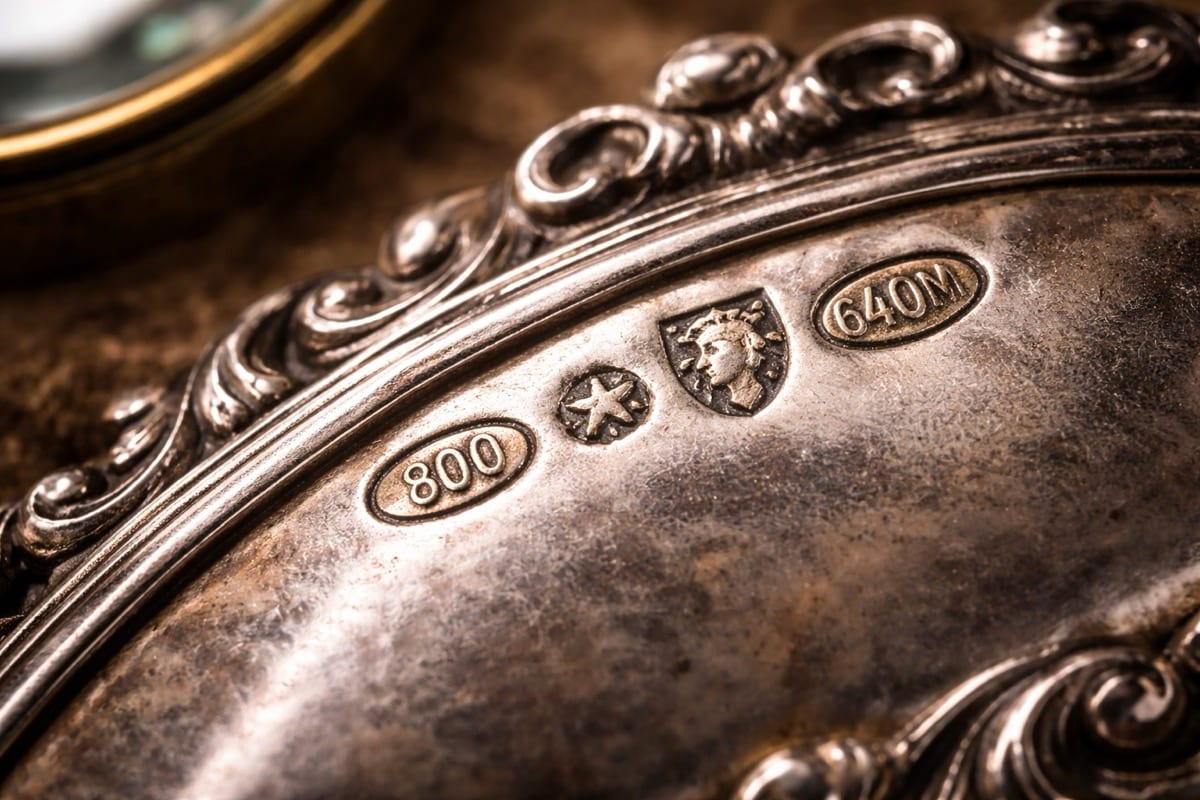 Close-up of hallmarks struck into ornate silver: an 800 purity mark, a star, an assay head in a shield, and the maker's stamp 640M